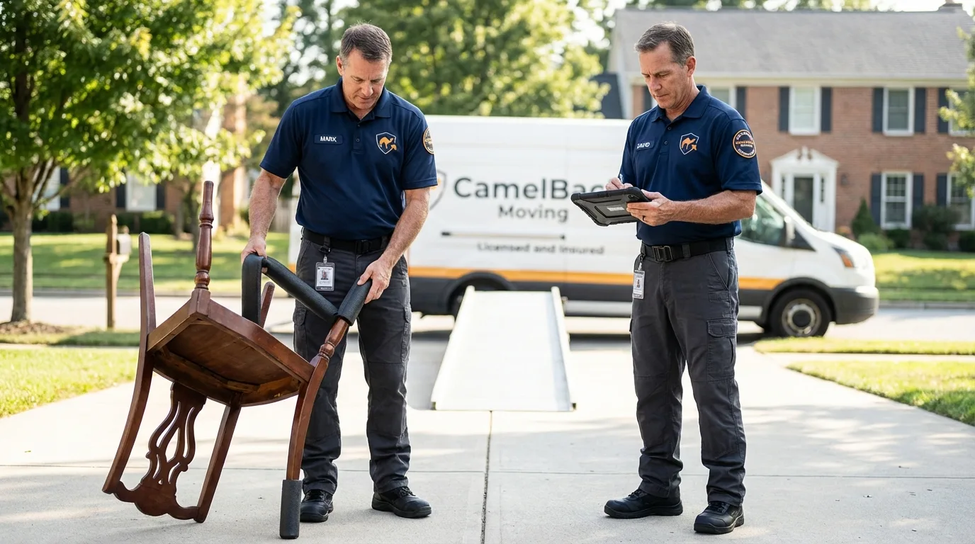 Movers inspecting furniture for damage prevention before loading in Bay Saint Louis, MS